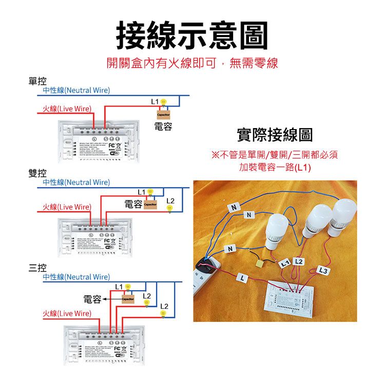 接線示意圖開關盒內有火線即可,無需零線單控中性線(Neutral Wire)火線(Live Wire)電容實際接線圖※不管是單開/雙開/三開都必須加裝電容一路(L1)雙控中性線(Neutral Wire)L1火線(Live Wire)電容L2三控中性線(Neutral Wire)L1電容L2L2火線(Live Wire)NNL2L3