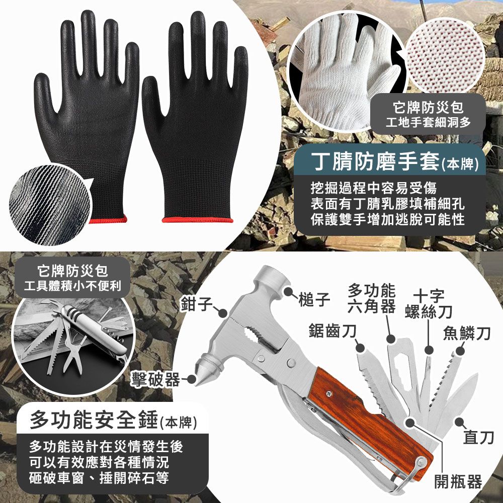 它牌防災包工地手套細洞多丁腈防磨手套(本牌)挖掘過程中容易受傷表面有丁腈乳膠填補細孔保護雙手增加逃脫可能性它牌防災包工具體積小不便利多功能鉗子槌子十字六角器 螺絲刀鋸齒刀魚鱗刀擊破器多功能安全錘(本牌)多功能設計在災情發生後可以有效應對各種情況砸破車窗、捶開碎石等直刀開瓶器