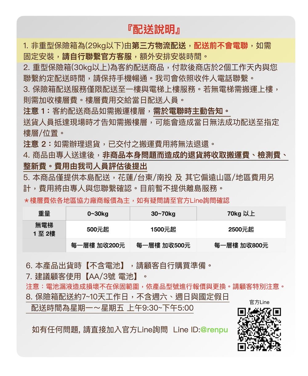 『配送說明』1. 非重型保險箱為(29kg以下)由第三方物流配送配送前不會電聯,如需固定安裝,請自行聯繫官方客服,額外安排安裝時間2. 重型保險箱(30kg以上)為客約配送商品,付款後商店於2個工作天內與您聯繫約定配送時間,請保持手機暢通。我司會依照收件人電話聯繫。3. 保險箱配送服務僅限配送至一樓與電梯上樓服務。若無電梯需搬運上樓,則需加收樓層費。樓層費用交給當日配送人員。注意1:客約配送商品如需搬運樓層,需於電聯時主動告知。送貨人員抵達現場時才告知需搬樓層,可能會造成當日無法成功配送至指定樓層/位置。注意2:如需辦理退貨,已交付之搬運費用將無法退還。4. 商品由專人送達後,非商品本身問題而造成的退貨將收取搬運費、檢測費、整新費。費用由我司人員評估後提出5. 本商品僅提供本島配送,花蓮/台東/南投及其它偏遠山區/地區費用另計,費用將由專人與您聯繫確認。目前暫不提供離島服務。*樓層費依各地區協力廠商報價為主,如有疑問請至官方Line詢問確認重量0~30kg30~70kg70kg 以上無電梯500元起1500元起2500元起1至2樓每一層樓 加收200元 每一層樓 加收500元每一層樓 加收800元6. 本產品出貨時【不含電池】,請顧客自行購買準備。7. 建議顧客使用【AA/3號電池】。注意:電池漏液造成損壞不在保固範圍,依產品型號進行報價與更換。請顧客特別注意,8. 保險箱配送約7~10天工作日,不含週六、週日與國定假日配送時間為星期一~星期五 上午9:30~下午5:00如有任何問題,請直接加入官方Line詢問 Line ID:@renpu官方Line