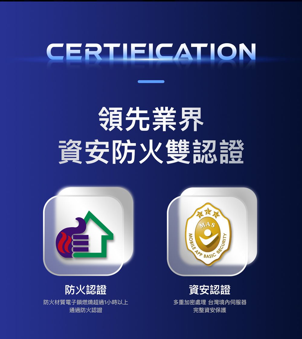 CERTIFATION領先業界資安防火雙認證防火認證防火材質電子鎖燃燒超過1小時以上通過防火認證MOBILE APPMASBASICIC SECURITY資安認證多重加密處理 台灣境內伺服器完整資安保護