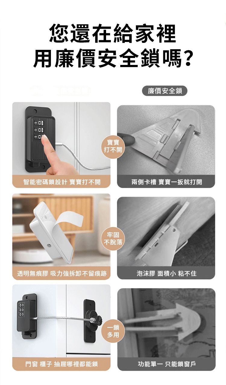 您還在給家裡用廉價安全鎖嗎?寶寶打不開廉價安全鎖智能密碼鎖設計 寶寶打不開兩側卡槽 寶寶一扳就打開牢固不脫落透明無痕膠 吸力強拆卸不留痕跡泡沫膠 面積小 不住一鎖多用門窗 櫃子 抽屜哪裡都能鎖功能 只能鎖窗戶