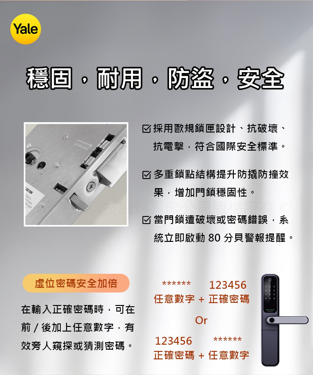 Yale穩固耐用,防盜安全 ☑採用歐規鎖匣設計、抗破壞、抗電擊,符合國際安全標準。☑多重鎖點結構提升防撬防撞效果,增加門鎖穩固性。☑當門鎖遭破壞或密碼錯誤,系統立即啟動 80 分貝警報提醒位密碼安全加倍在輸入正確密碼時,可在 / 後加上任意,有效旁人窺探或猜測密碼。123456任意數字 + 正確密碼123456正確密碼 + 任意數字