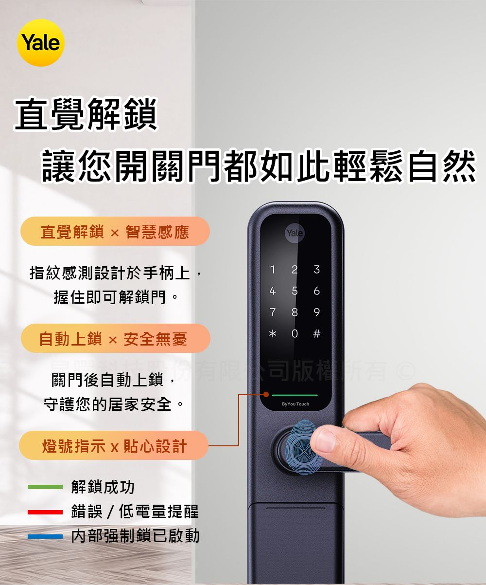 Yale直覺解鎖讓您開關門都如此輕鬆自然直覺解鎖  智慧感應Yale指紋感測設計於手柄上,12 3握住即可解鎖門。456789自動上鎖安全無憂  #關門後自動上鎖公司版權守護您的居家安全。燈號指示x貼心設計解鎖成功錯誤/低電量提醒强制鎖已啟動By You Touch