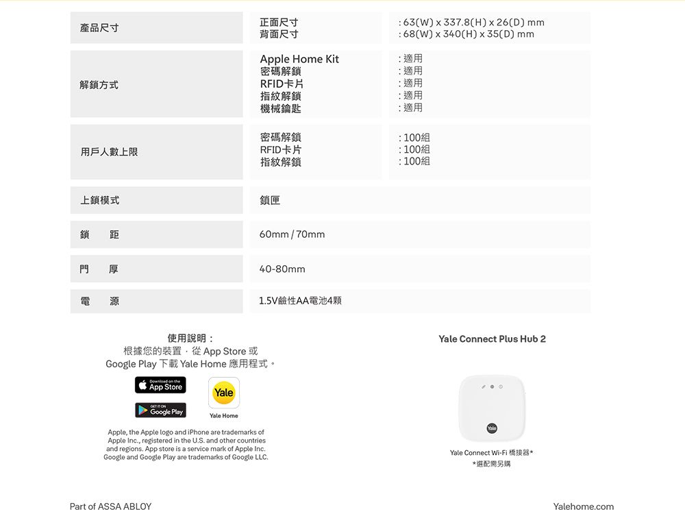 63(x3378(H)x26(D)mm68()x340(H)x35(D)mm產品尺寸正面尺寸背面尺寸Apple Home Kit 適用密碼解鎖適用解鎖方式RFID卡片指紋解鎖適用適用機械鑰匙適用密碼解鎖:100組用戶人數上限RFID卡片:100組指紋解鎖:100組上鎖模式鎖 距門使用說明:鎖匣60mm/70mm40-80mm1.5V鹼性AA電池4顆 Cnect Plus Hub 2根據您的裝置從App Store或Google Play 下載 Home 應用程式。 on App Store  Google PlayYaleYale HomeApple, the Apple logo and iPhone are trademarks ofApple Inc., registered in the U.S. and other countriesand regions. App store is a service mark of Apple Inc.Google and Google Play are trademarks of Google LLC.YaleYale Connect Wi-Fi 橋接器**選配需另購Part of ASSA ABLOYYalehome.com
