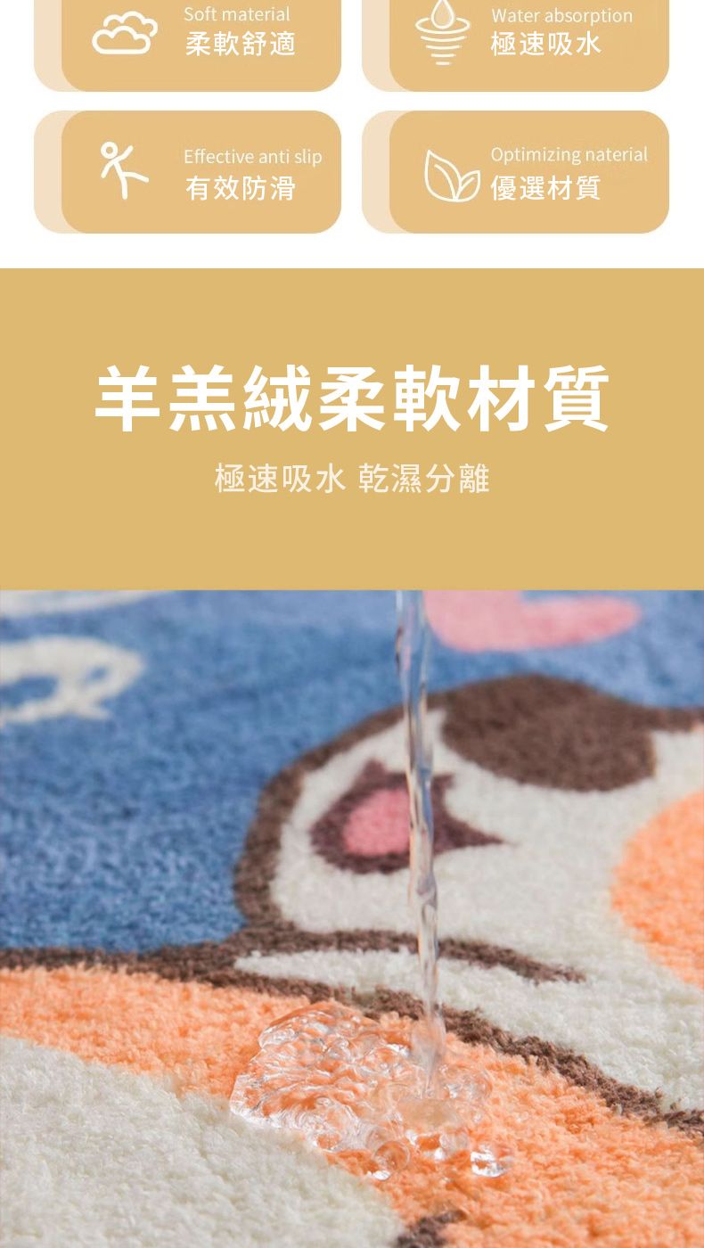 Soft material柔軟舒適Effective anti slip有效防滑Water absorption極速吸水Optimizing naterial優選材質羊羔絨柔軟材質極速吸水 乾濕分離