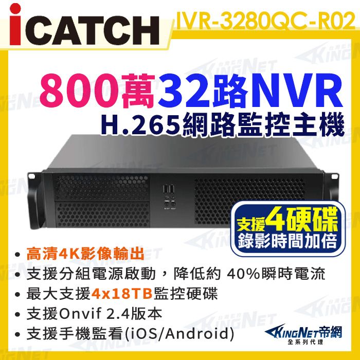  【帝網KingNet】ICATCH 可取 IVR-3280QC-R02 ULTRA 32路 NVR 錄影主機 4K 800萬 支援4顆監控硬碟