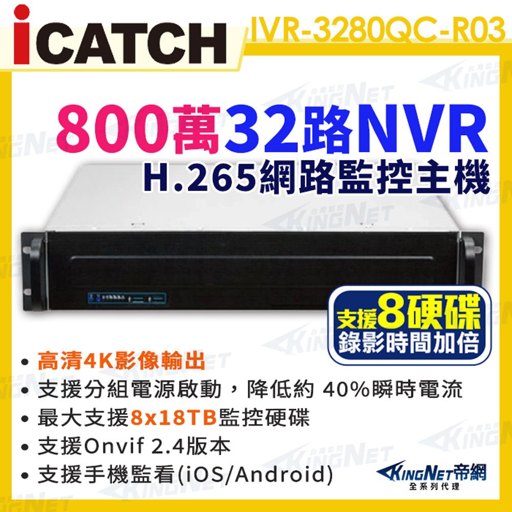  【帝網KingNet】ICATCH 可取 IVR-3280QC-R03 ULTRA 32路 NVR 錄影主機 4K 800萬 支援8顆監控硬碟