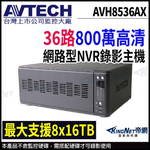 【AVTECH 陞泰】AVH8536AX 36路 H.265 8MP NVR 網路型錄影主機 支援8硬碟 36路主機 帝網-KingNet