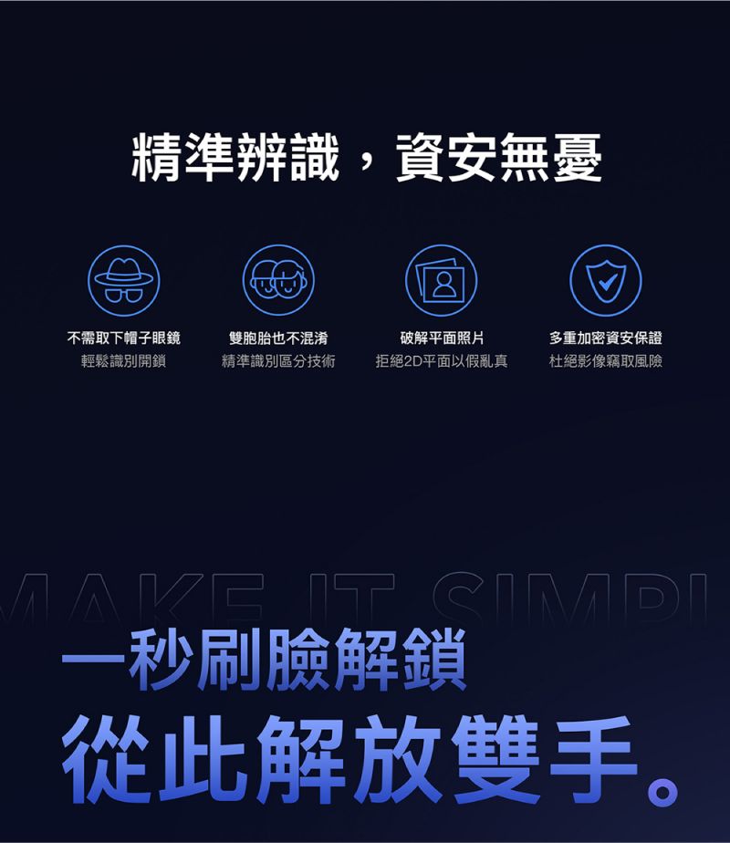精準辨識,資安無憂不需取下帽子眼鏡輕鬆識別開鎖雙胞胎也不混淆精準識別區分技術破解平面照片拒絕2D平面以假亂真多重加密資安保證杜絕影像竊取風險MAKE IT 一秒刷臉解鎖從此解放雙手。