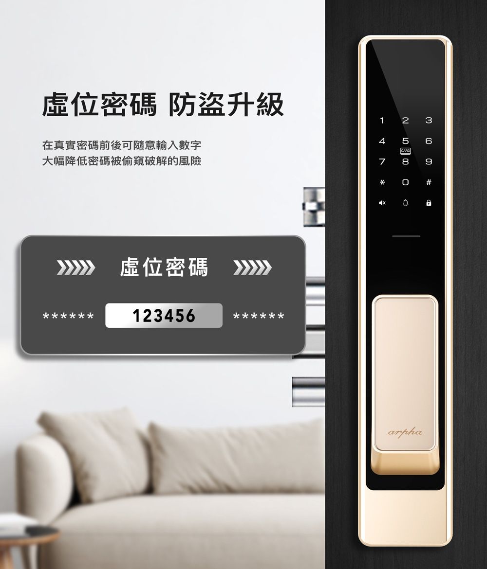 位密碼 防盜升級在真實密碼前後可隨意輸入數字大幅降低密碼被偷窺破解的風險 位密碼 1234561234 7CAR9D#arpha