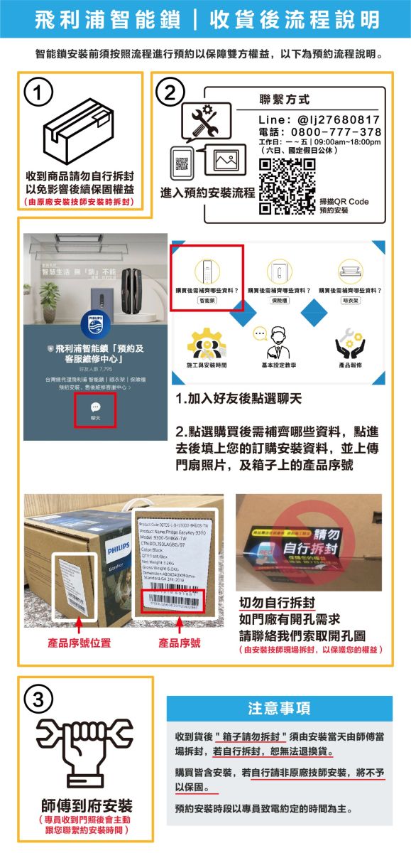 飛利浦收貨後流程說明智鎖安裝前須按照流程進行預約以障雙方權益,以下為預約流程說明12聯繫方式Line@lj27680817電話:0800777378工作日:一~五09:00am~18:00pm(六日、國定假日公休收到商品勿自行以免影響後續保固權益(由原安裝技師安裝時拆封)進入預約安裝流程掃描QR Code預約安裝3智慧生活 後資料? 購買後哪些資料?購買後哪些資料?飛利浦智能鎖「預約及服維中心施工與安裝時間基本設定教學產品報台灣利浦 智能鎖|保预安装。能修客中心)1.加入好友後點選聊天2.點選購買後需哪些资料,點進去後填上您的訂購安裝資料,並上傳門扇照片,及箱子上的產品序號 - Name    請勿PHILIPS: -  自行拆封    切勿自行拆封如門廠有開孔需求請聯絡我們索取開孔圖產品序號位置產品序號(由安裝技師現場拆封,以保護您的權益)注意事項收到貨後箱子請勿拆封須由安裝當天由師傅當場拆封,若自行拆封,恕無法退換貨。購買皆含安裝,若自行請非原廠技師安裝,將不予以保固。師傅到府安裝(專員收到門照後會主動跟您聯繫約安裝時間)預約安裝時段以專員致電約定的時間為主。