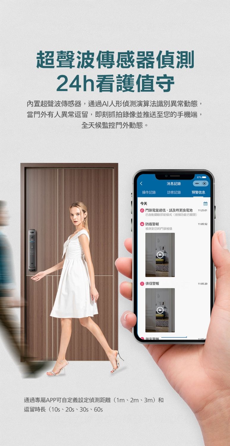 超聲波傳感器偵測24h看護值守內置超聲波傳感器,通過AI人形偵測演算法識別異常動態,當門外有人異常逗留,即刻抓拍錄像並推送至您的手機端,全天候監控門外動態。消息記錄操作記錄訪客記錄預警信息今天 門鎖電量過低,請及時更換電池 11:25:01自動開啟節能模式(視頻功能已關閉) 警報檢測到您的門鎖被11:05:52 徘徊警報11:05:20锁定警報通過專屬APP可自定義設定偵測距離(1m、2m、3m)和逗留時長(10s、20、30、60s