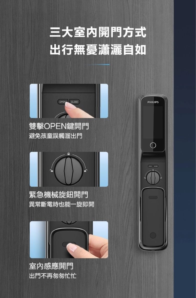 三大室内開門方式出行無憂瀟灑自如OPEN CLOSE雙擊OPEN鍵開門避免孩童誤觸溜出門緊急機械旋鈕開門異常斷電時也能一旋即開室內感應開門出門不再匆匆忙忙PHILIPS