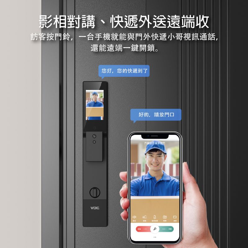 影相對講、快遞外送遠端收訪客按門鈴,一手機就能與門外快遞小哥視訊通話,還能遠端一鍵開鎖。您好,您的快遞到了好的,請放門口門請求