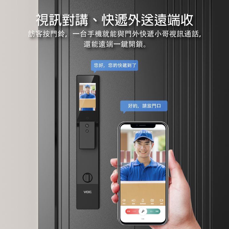 視訊對講、快遞外送遠端收訪客按門鈴,一手機就能與門外快遞小哥視訊通話,還能遠端一鍵開鎖。您好,您的快遞到了好的,請放門口請求回