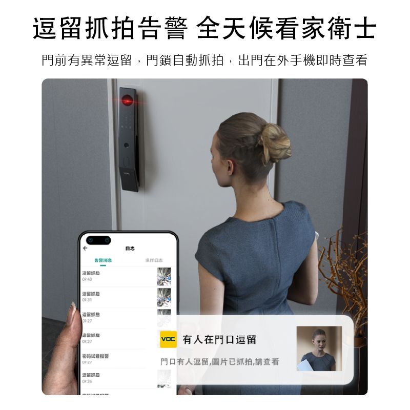 拍告警 全天候看家衛士門前有異常逗留,門鎖自動抓拍,出門在外手機即時查看告警消息日志留抓抓09:27试报警逗抓拍  有人在門口逗留門口有人逗留,圖片已抓拍,請查看