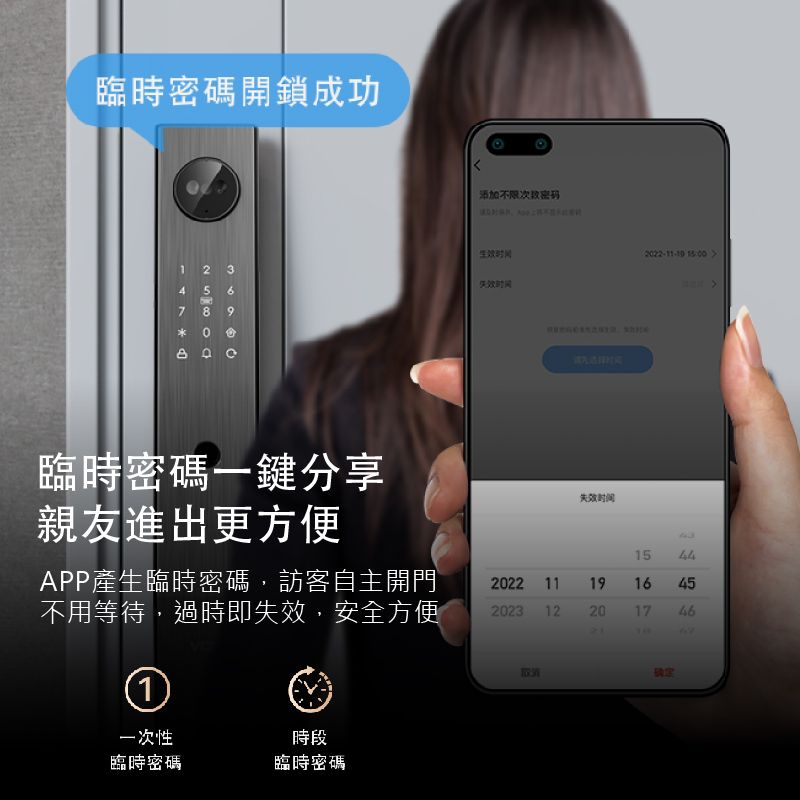 臨時密碼開鎖成功添加不限时间3失效时间9臨時密碼一鍵分享2022-11-10   失效时间親友進出更方便1544APP產生臨時密碼,訪客自主開門不用等待,過時即失效,安全方便2022111912023122016 745461一次性時段臨時密碼臨時密碼