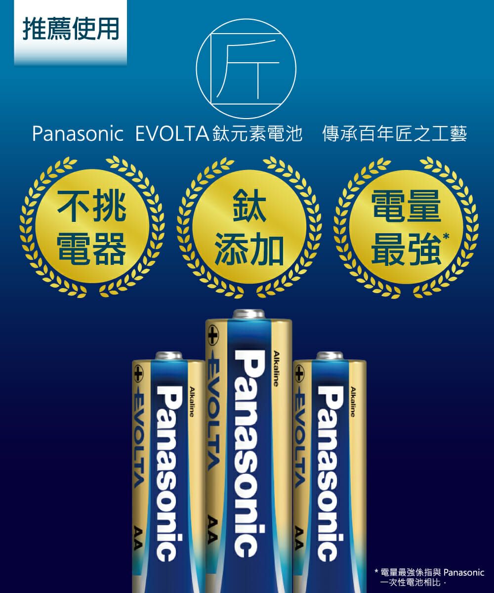 推薦使用Panasonic EVOLTA鈦元素電池 傳承百年匠之工藝不挑電器鈦電量添加最強Alkaline④EVOLTAPanasonicAlkalineAA④EVOLTAPanasonicAlkalineAA④EVOLTAPanasonicAA電量最強係指與 Panasonic一次性電池相比