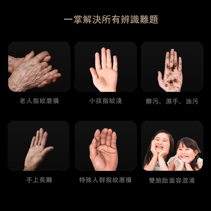一掌解決所有辨識難題老人指紋磨損小孩指紋淺髒污、濕手、油污手上長繭特殊人群指紋磨損雙胞胎面容混淆