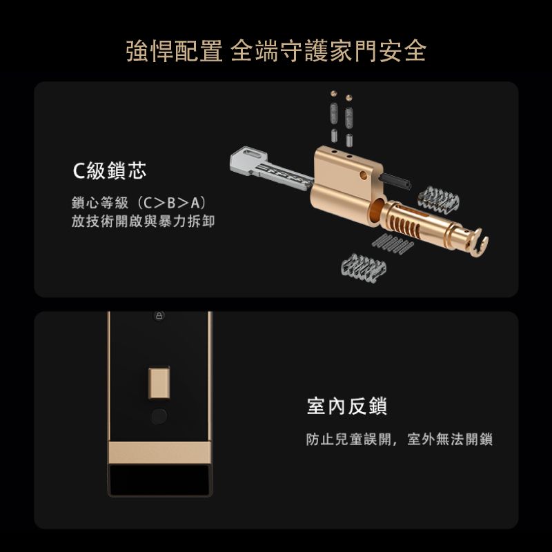 強悍配置 全端守護家門安全C級鎖芯鎖心等級(CBA)放技術開啟與暴力拆卸室內反鎖防止兒童誤開,室外無法開鎖