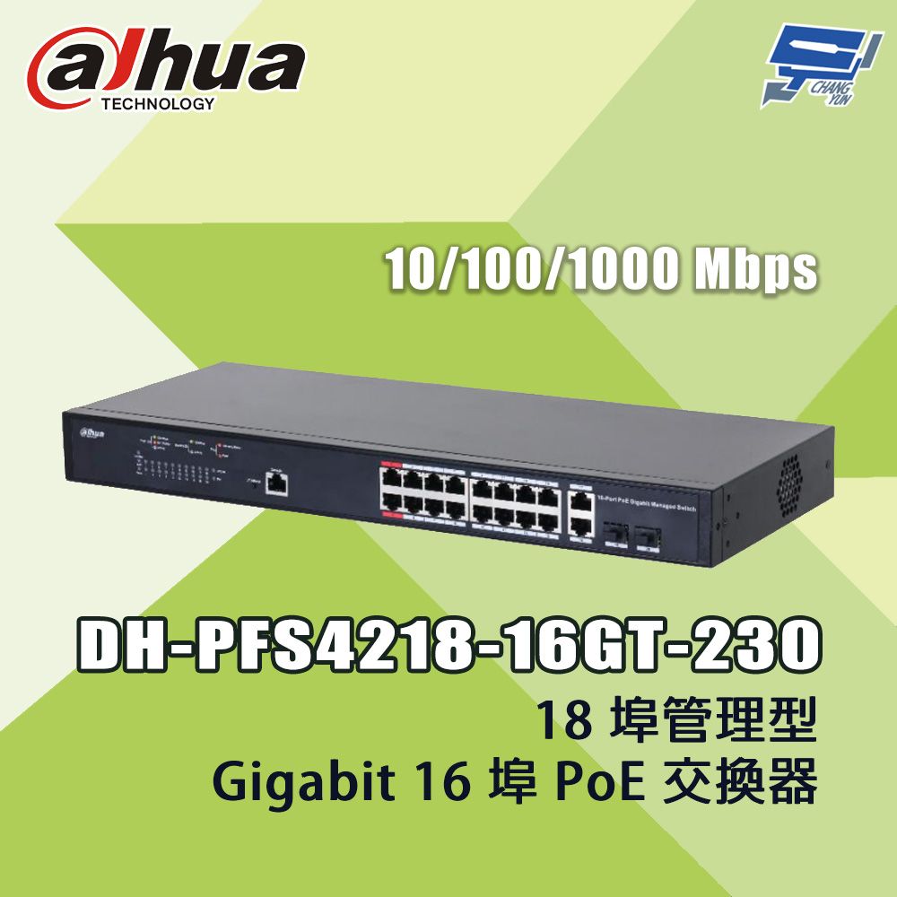 Changyun 昌運監視器 大華  DH-PFS4218-16GT-230 18埠管理型 Gigabit 16埠 PoE 交換器