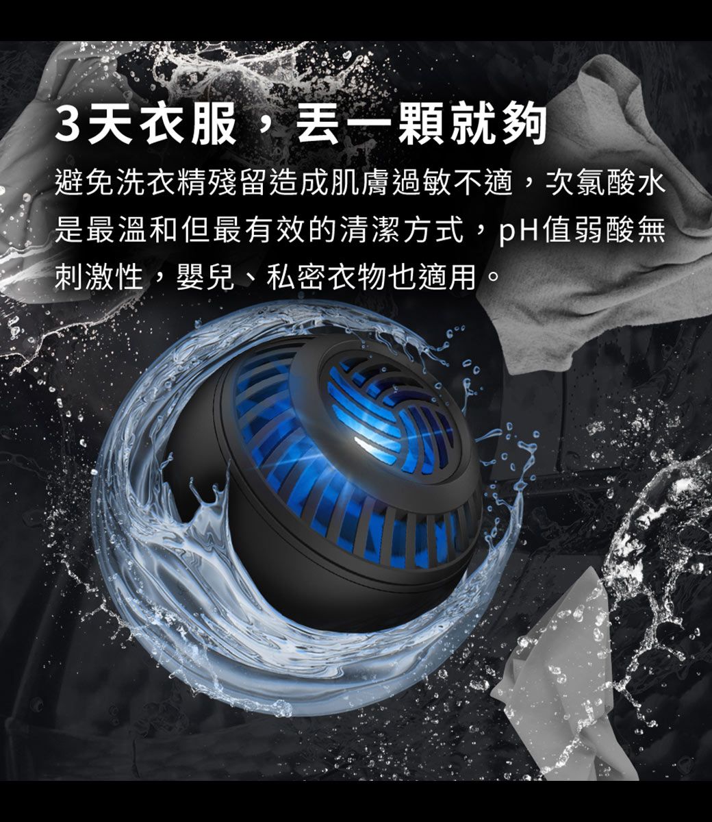 3天衣服,丟一顆就夠避免洗衣精殘留造成肌膚過敏不適,次氯酸水是最溫和但最有效的清潔方式,pH值弱酸無刺激性,嬰兒、私密衣物也適用。