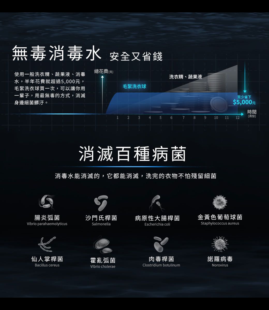 無毒消毒水 安全又省錢使用一般洗衣精、蔬果液、消毒水,半年花費就超過5,000元,毛洗衣球買一次,可以讓你用一輩子,用最無毒的方式,消滅身邊細菌髒汙。總花費(元)洗衣精、蔬果液毛洗衣球至少省下$5,000元時間1234567891011(月份)12消滅百種病菌消毒水能消滅的,它都能消滅,洗完的衣物不怕殘留細菌腸炎弧菌沙門氏桿菌病原性大腸桿菌金黃色葡萄球菌Vibrio parahaemolyticusSalmonellaEscherichia coliStaphylococcus aureus仙人掌桿菌霍亂弧菌肉毒桿菌諾羅病毒Bacillus cereusVibrio choleraeClostridium botulinumNorovirus