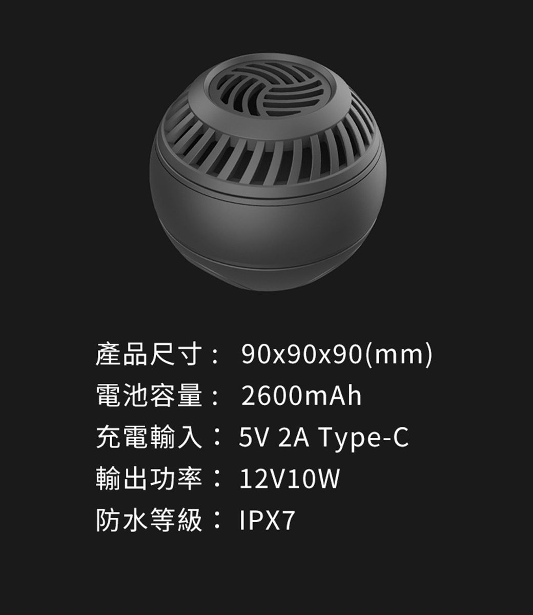90x90x90(mm) 2600mAh 2A Type-C輸出功率:12V10W