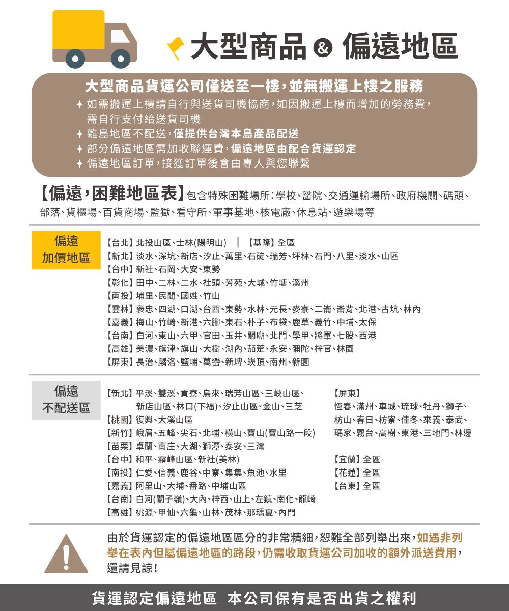大型商品 偏遠地區大型商品貨運公司僅送至一樓,並無搬運上樓服務如需搬運上樓請自行與送貨司機協商,如因搬運上樓而增加的勞務費,需自行支付給送貨司機離島地區不配送,僅提供台灣本島產品配送 部分偏遠地區需加收聯運費,偏遠地區由配合貨運認定 偏遠地區訂單,接獲訂單後會由專人與您聯繫偏遠,困難地區表包含特殊困難場所學校、醫院、交通運輸場所、政府機關、碼頭、部落、貨櫃場、百貨商場、監獄、看守所、軍事基地、核電廠、休息站、遊樂場等偏遠加價地區台北北投山區、士林(陽明山) 【基隆】全區【新北】淡水、深坑、新店、汐止、萬里、石碇、瑞芳、坪林、石門、八里、淡水、山區【台中】新社、石岡、大安、東勢【彰化】田中、二林、二水、社頭、芳苑、大城、竹塘、溪州【南投】埔里、民間、國姓、竹山【雲林】褒忠、四湖、口湖、台西、東勢、水林、元長、麥寮、二崙、崙背、北港、古坑、林【嘉義】梅山、竹崎、新港、六腳、東石、朴子、布袋、鹿草、義竹、中埔、太保偏遠不配送區【台南】白河、東山、六甲、官田、玉井、關廟、北門、學甲、將軍、七股、西港【高雄】美濃、旗津、旗山、大樹、湖内、茄萣、永安、彌陀、梓官、林園【屏東】長治、麟洛、鹽埔、萬巒、新埤、崁頂、南州、新園【新北】平溪、雙溪、貢寮、烏來、瑞芳山區、三峽山區、新店山區、林口(下福)、汐止山區、金山、三芝【桃園】復興、大溪山區【新竹】峨眉、五峰、尖石、北埔、橫山、寶山(寶山路一段)【屏東】恆春、滿州、車城、琉球、牡丹、獅子、枋山、春日、枋寮、佳冬、來義、泰武、瑪家、霧台、高樹、東港、三地門、林邊【苗栗】卓蘭、南庄、大湖、獅潭、泰安、三灣【台中】和平、霧峰山區、新社(美林)【南投】仁愛、信義、鹿谷、中寮、集集、魚池、水里【嘉義】阿里山、大埔、番路、中埔山區【宜蘭】全區【花蓮】全區【台東】全區【台南】白河(關子嶺)、大、梓西、山上、左鎮、南化、龍崎【高雄】桃源、甲仙、六龜、山林、茂林、那瑪夏、門由於貨運認定的偏遠地區區分的非常精細,恕難全部列舉出來,如遇非列舉在表內但屬偏遠地區的路段,仍需收取貨運公司加收的額外派送費用,還請見諒!貨運認定偏遠地區 本公司保有是否出貨之權利