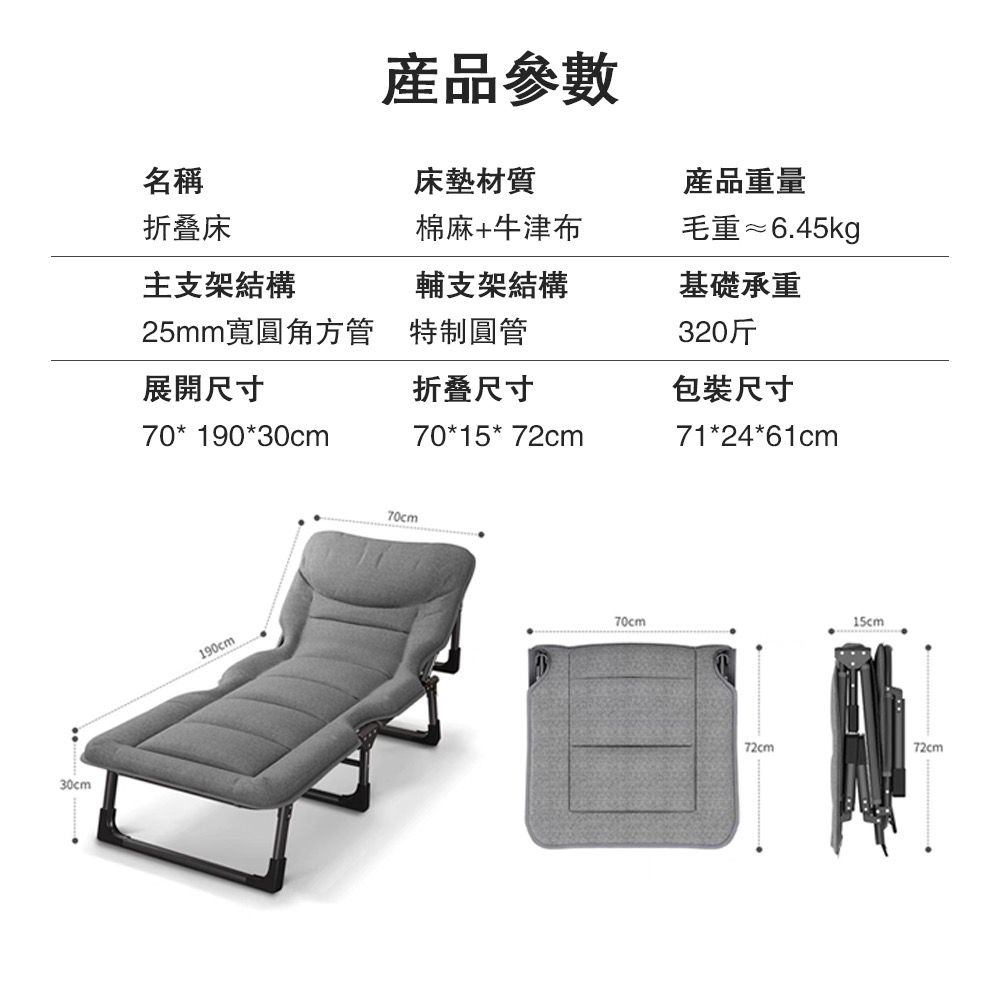 30cm名稱折叠床產品參數床墊材質產品重量棉麻+牛津布毛重≈6.45kg主支架結構輔支架結構基礎承重25mm寬圓角方管 特制圓管320斤展開尺寸折叠尺寸包裝尺寸70*190*30cm190cm70cm70*15*72cm71*24*61cm70cm15cm72cm72cm