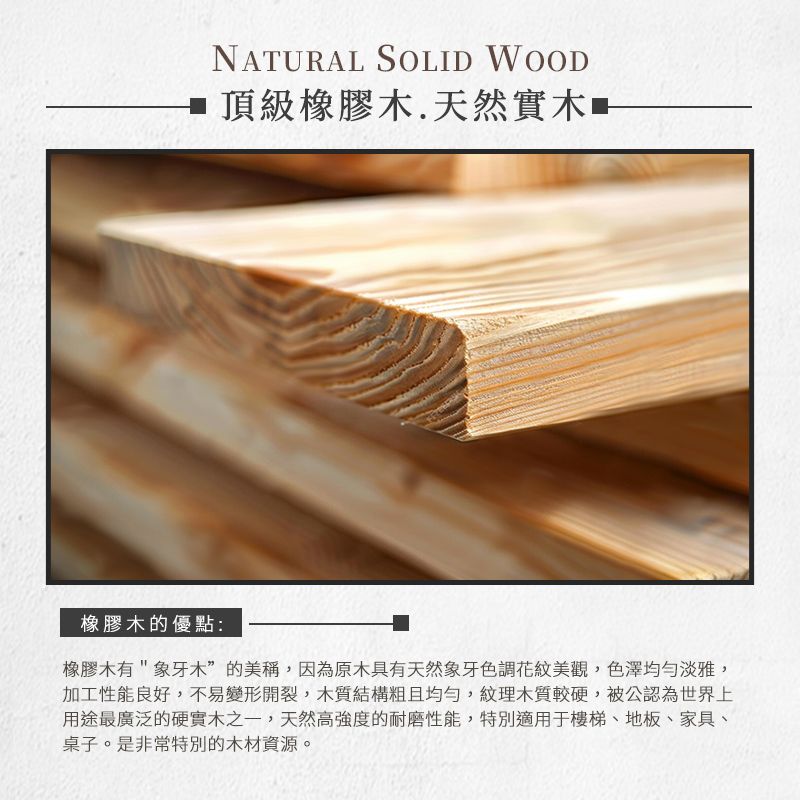 NATURAL SOLID WOOD 頂級橡膠木天然實木橡膠木的優點:橡膠木有象牙木”的美稱,因為原木具有天然象牙色調花紋美觀,色澤均勻淡雅,加工性能良好,不易變形開裂,木質結構粗且均勻,紋理木質較硬,被公認為世界上用途最廣泛的硬實木之一,天然高強度的耐磨性能,特別適用于樓梯、地板、家具、桌子。是非常特別的木材資源。