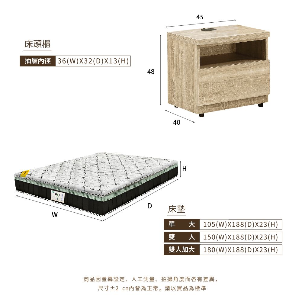 IHouse 愛屋家具 品田 房間4件組(床頭箱+床底+床墊+床頭櫃) 單大3.5尺