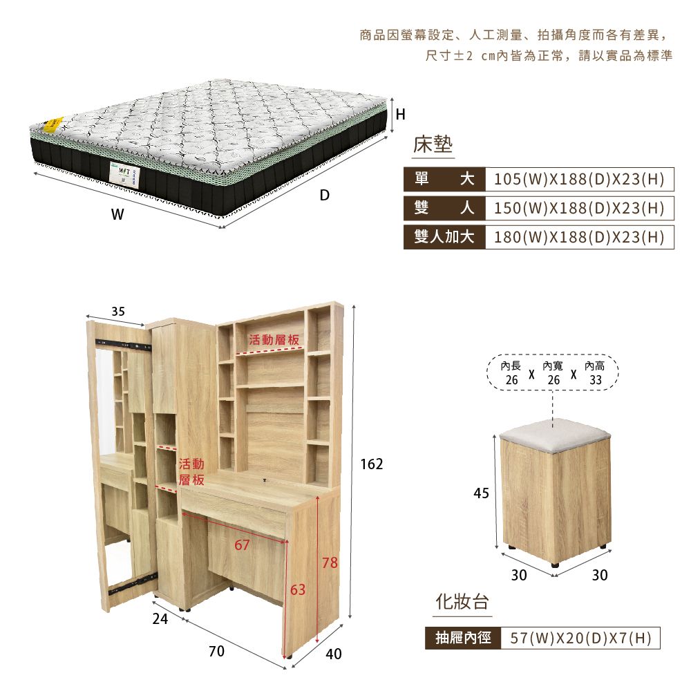 IHouse 愛屋家具 品田 房間5件組(床頭箱+6分底+床墊+床頭櫃+鏡台含椅) 雙大6尺