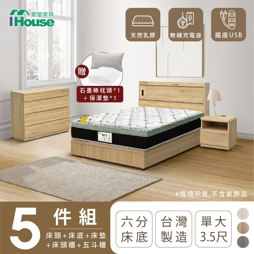 IHouse 愛屋家具 品田 房間5件組(床頭箱+6分底+床墊+床頭櫃+斗櫃) 單大3.5尺