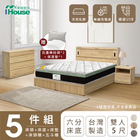 IHouse 愛屋家具 品田 房間5件組(床頭箱+6分底+床墊+床頭櫃+斗櫃) 雙人5尺