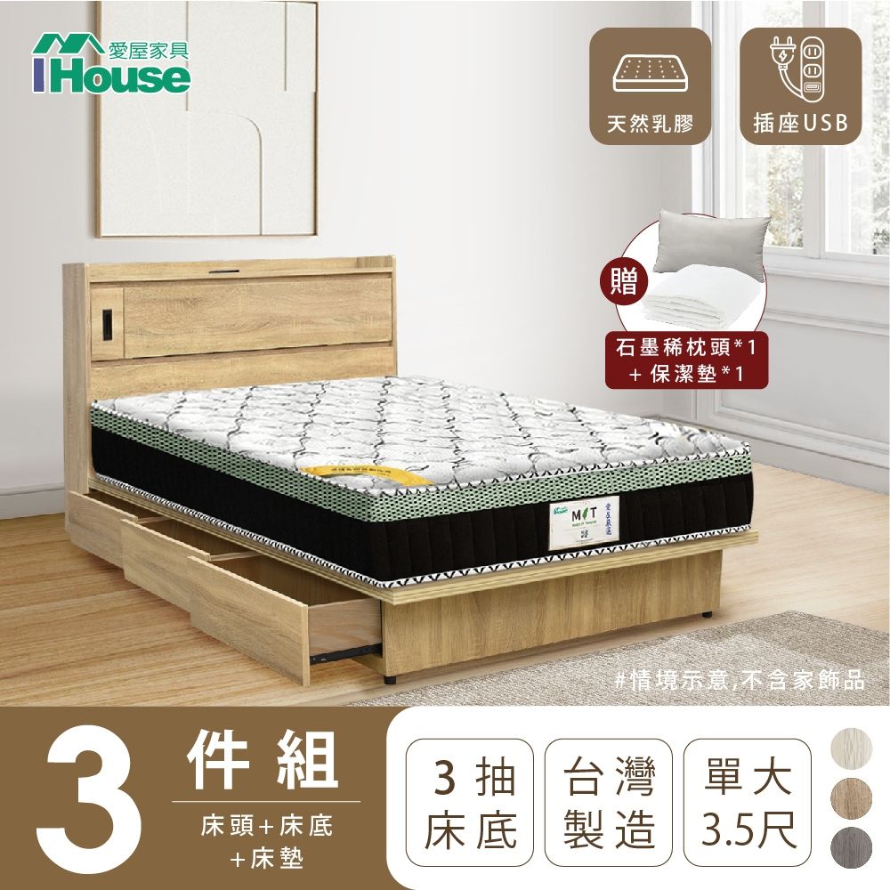 IHouse 愛屋家具 品田 房間3件組(床頭箱+收納抽屜底+床墊) 單大3.5尺