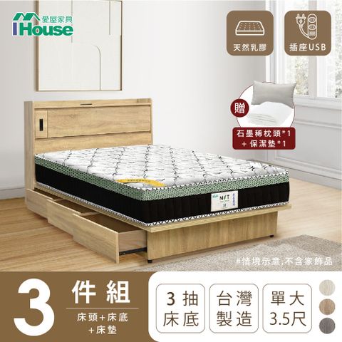 IHouse 愛屋家具 品田 房間3件組(床頭箱+收納抽屜底+床墊) 單大3.5尺