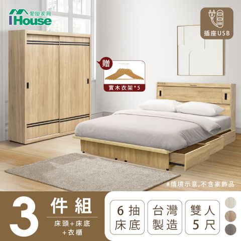 IHouse 愛屋家具 品田 房間3件組(床頭箱+收納抽屜底+衣櫃) 雙人5尺