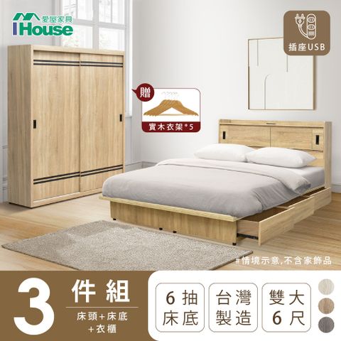 IHouse 愛屋家具 品田 房間3件組(床頭箱+收納抽屜底+衣櫃) 雙大6尺