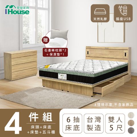 IHouse 愛屋家具 品田 房間4件組(床頭箱+收納抽屜底+床墊+斗櫃) 雙人5尺