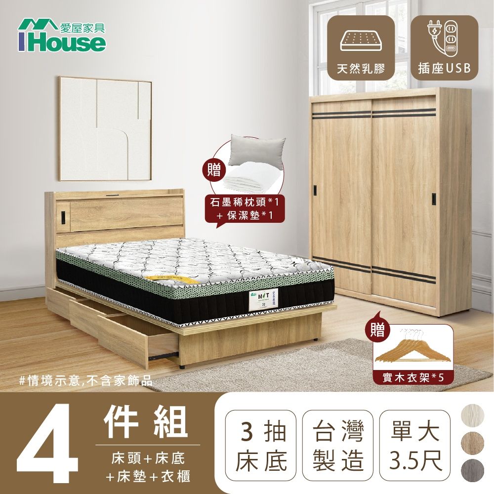 IHouse 愛屋家具 品田 房間4件組(床頭箱+收納抽屜底+床墊+衣櫃) 單大3.5尺