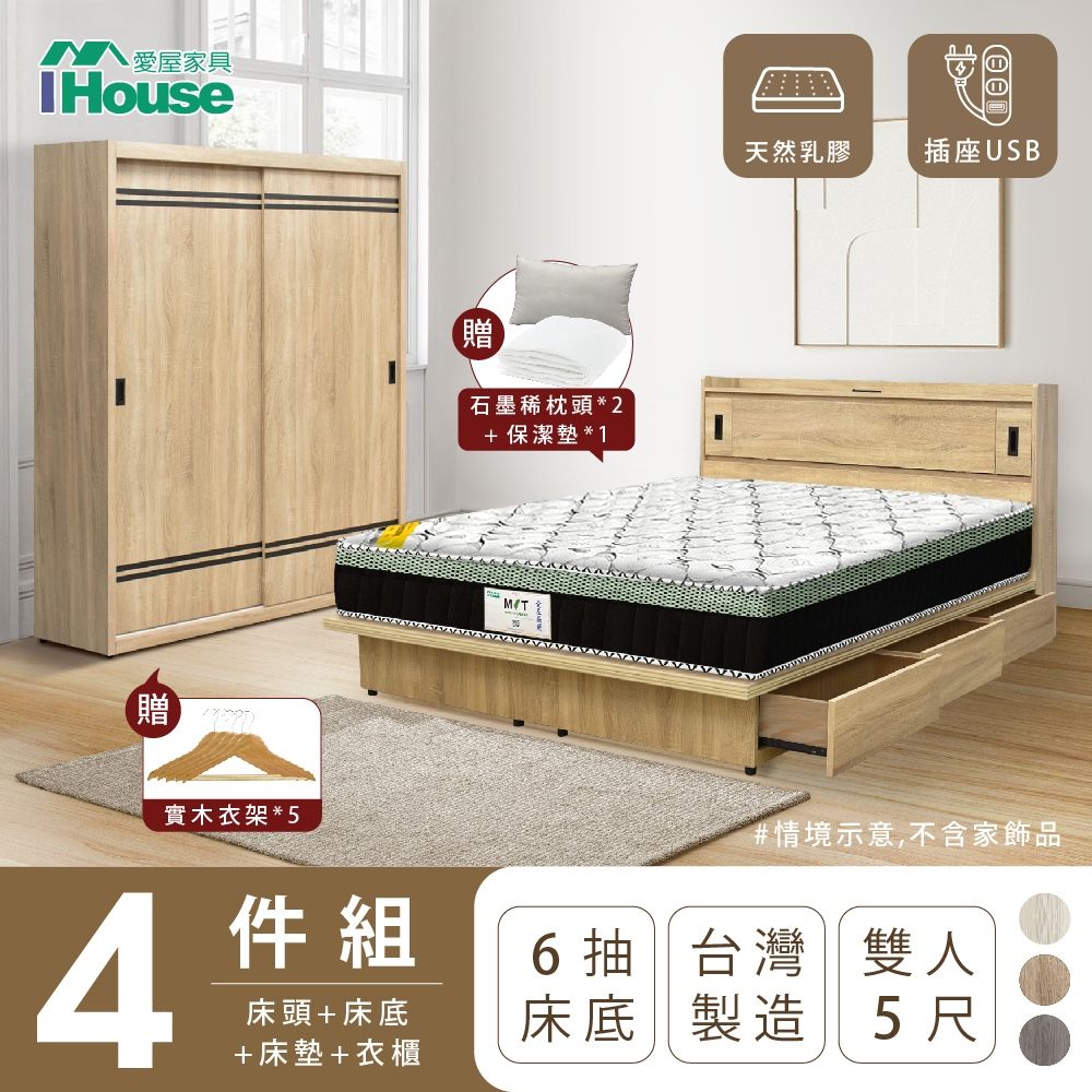 IHouse 愛屋家具 品田 房間4件組(床頭箱+收納抽屜底+床墊+衣櫃) 雙人5尺