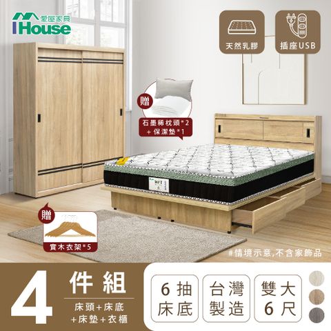 【IHouse愛屋家具】品田 房間4件組(床頭箱+收納抽屜底+床墊+衣櫃) 雙大6尺