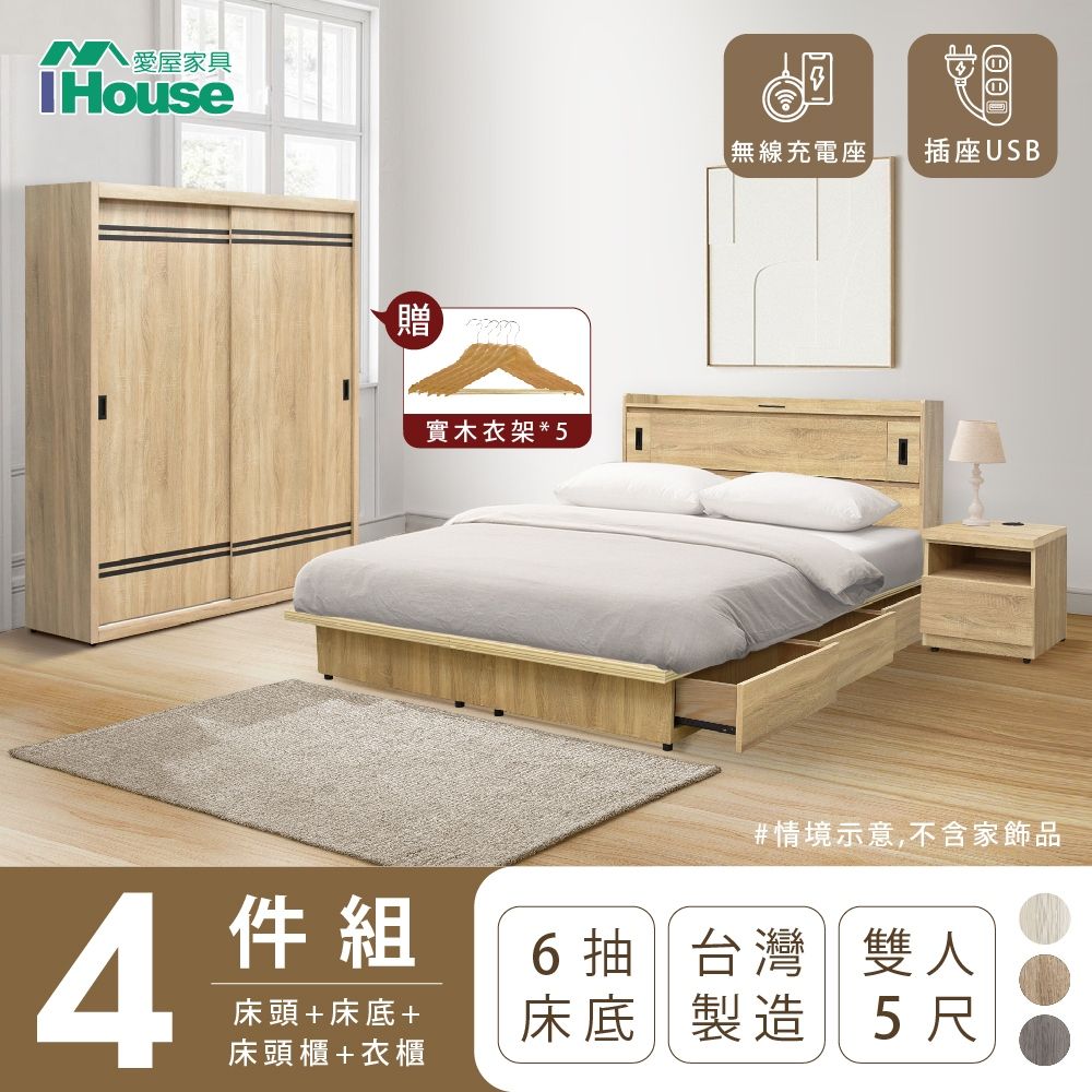 IHouse 愛屋家具 品田 房間4件組(床頭箱+收納抽屜底+床頭櫃+衣櫃) 雙人5尺