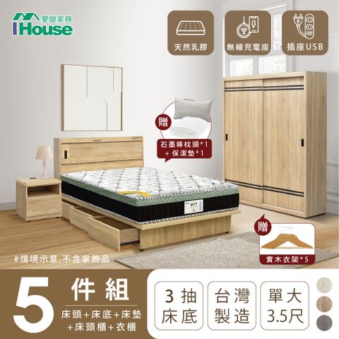 IHouse 愛屋家具 品田 房間5件組(床頭箱+收納抽屜底+床墊+床頭櫃+衣櫃) 單大3.5尺