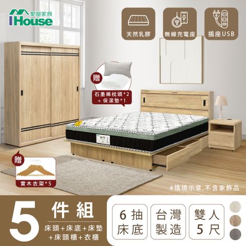 IHouse 愛屋家具 品田 房間5件組(床頭箱+收納抽屜底+床墊+床頭櫃+衣櫃) 雙人5尺