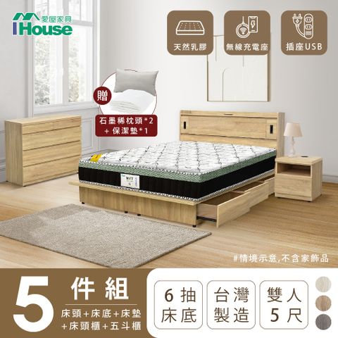 IHouse 愛屋家具 品田 房間5件組(床頭箱+收納抽屜底+床墊+床頭櫃+斗櫃) 雙人5尺