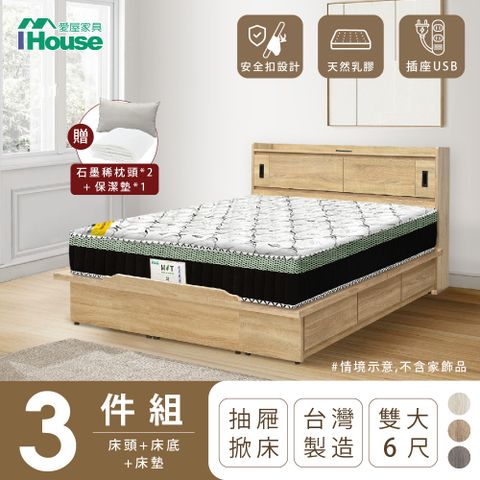 【IHouse愛屋家具】品田 房間3件組(床頭箱、收納抽屜+掀床底、床墊) 雙大6尺