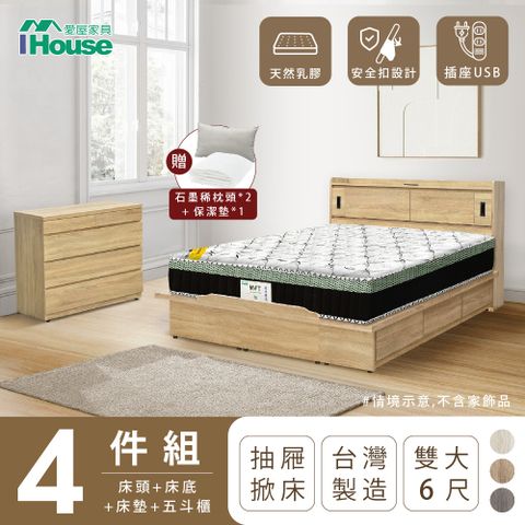【IHouse愛屋家具】品田 房間4件組(床頭箱、收納抽屜+掀床底、床墊、斗櫃) 雙大6尺