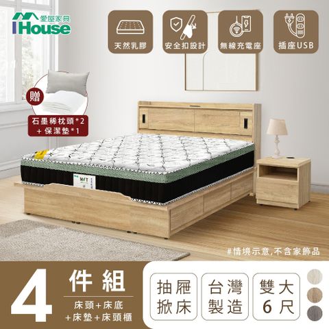 【IHouse愛屋家具】品田 房間4件組(床頭箱、收納抽屜+掀床底、床墊、床頭櫃) 雙大6尺